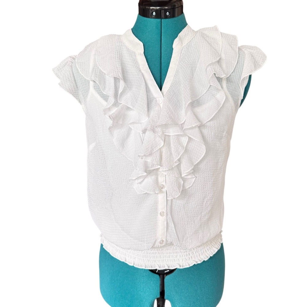 A. Byer White Flutter Sleeve Blouse with Ruffled Mandarin Collar